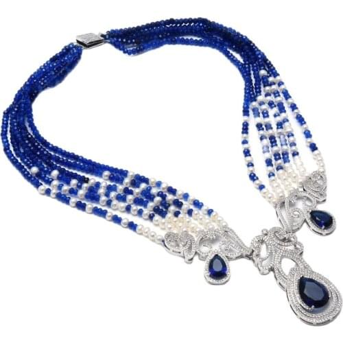 GuaiGuai Jewelry 20" 6 Strands White Pearl Blue Agate Necklace CZ Pendant