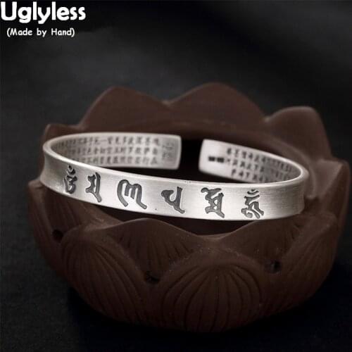 Uglyless Six-word Buddhism Adjustable Open Bangles 99.9% Full Silver Heart Sutra Bangle Unisex Concave Convex Surface Jewelry
