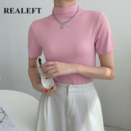 REALEFT Summer 2021 New Chic Turtlenek Knitting Womens T-Shirts Half Sleeve Solid Female Casual Korean Style Slim Shirts Tops