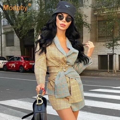 Women Plaid Autumn 2 Piece Set Blazer,High Waist Skirt Party Office Lady Jacket Skirt Suits 2020 Fashion new Female Clothing