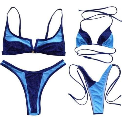 Women Sexy Brazilian Bikini V-Shape Push Up Swimsuit Contrast Color Bathing Suit A0NF