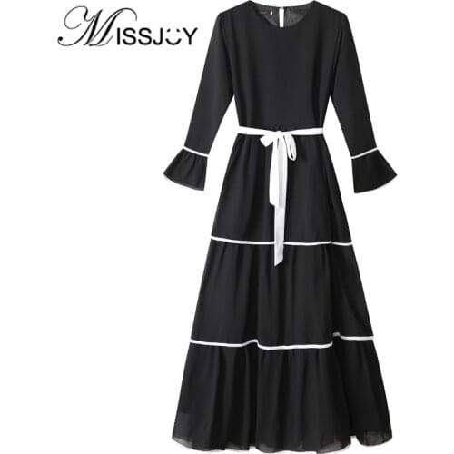MISSJOY 2019 Fashion Ruffle Muslim Abaya Elegant Women Dress Loose Kaftan Black White Long Sleeve O-Neck Party Femme Robe Casual