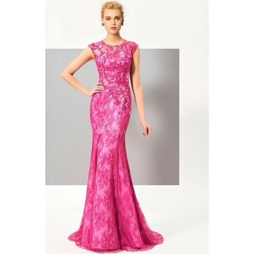 Tanpell Scoop neck Evening Dress Jewel Cap Sleeves Appliques Lace Sweep Train Floor-Length Mermaid Evening Dress