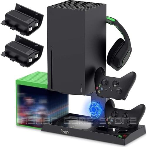 For Xbox Series X Console Controller Accessories Vertical Stand Cooling Fan 2 Charging Dock 10 Game Slots + 2pcs 1400mAh Battery