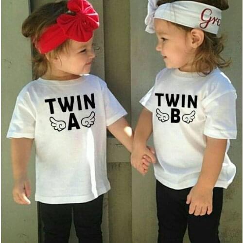 Twin A & Twin B White Baby Kids Short Sleeve T Shirt Boys Girls Summer Twin Babe Toddler Tops Tees Friends Twin Kids T-shirts