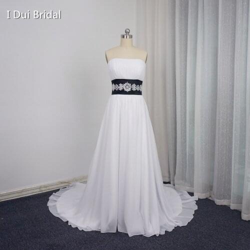 White Black Wedding Dresses Contrast Color A line Strapless Chiffon Beaded Sash Belt Popular Style Factory Custom Make K76