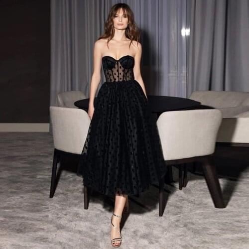 Black Tea-Length Evening Dresses 2021 Polka-Dot A-Line Sweetheart Sleeveless Blackless Tulle Elegant Short Party Prom Gown