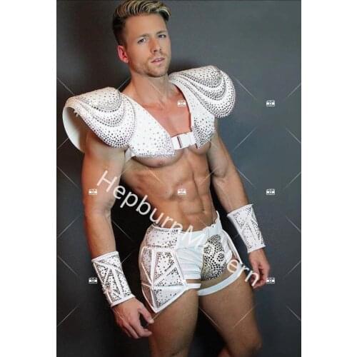 Europe Model Catwalk concert muscle men DS dance team dance bar white armor version sexy GOGO costume Shiny diamond suit