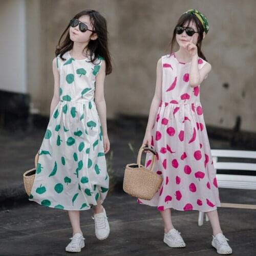 Big Girls Cotton Dress 2020 Summer Children Printed Girls Clothing Korean Style Kids Girls Sleeveless Dresses Beach Dress, #1026
