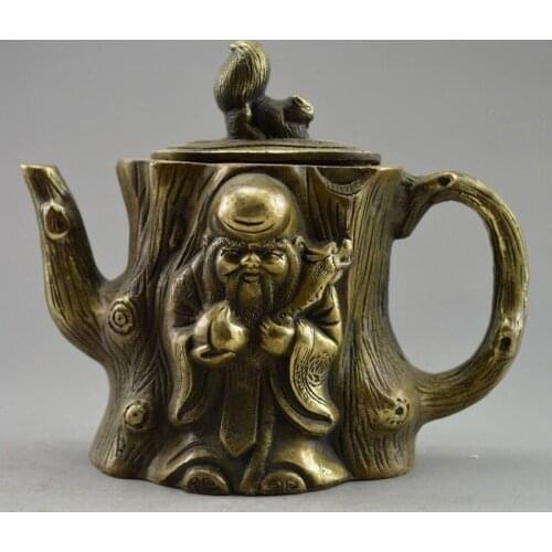 Copper Brass CHINESE crafts decoration Collectible Decorated Old Handwork Copper Carved Squirrel Immortal Tree Tea Pot