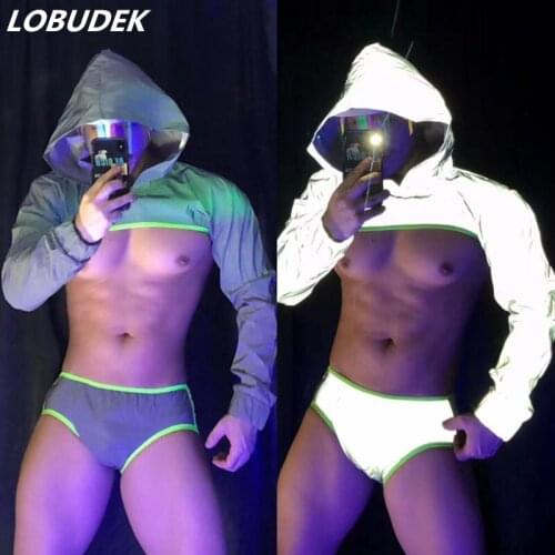 Mens Reflective Hip Hop Party Outfit Nightclub Bar Sexy Dance Costume DJ Dancer Group Performance Stage Wear Hooded Tops Shorts