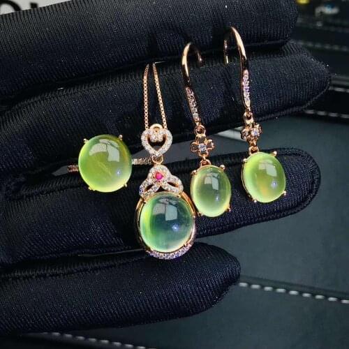 Real Natural Prehnite jewelry set Natural Real Prehnite 925 sterling silver 1pc pendant,1pc ring,2pcs Earring