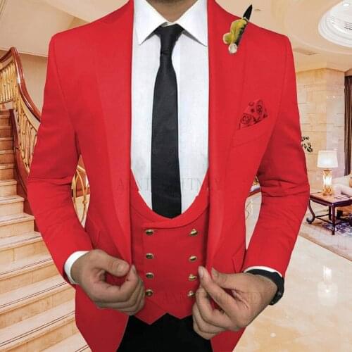 2020 New Designs Red Mens Suit 3 pieces Slim Fit Wedding Dress for Men Groom Tuxedo Slim Fit Mens Suits Jacket Vest Pants Set