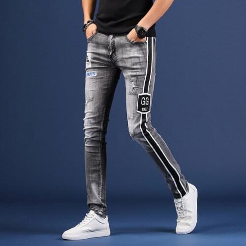 Wholesale 2021 Denim Casual Trendy Ripped Embroidered Jeans Men\s Summer Tide Brand Loose Korean Slim Pants Men\s Casual Pants