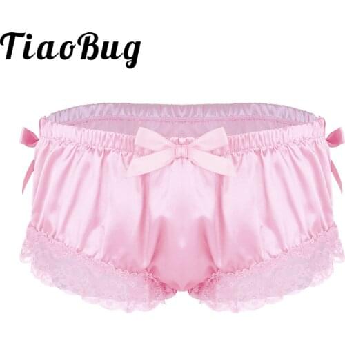 TiaoBug Men Sissy Panties Shiny Soft Satin Sexy Lingerie Ruffle Lace Cute Bowknot Knickers Briefs Male Gay Underwear Sleep Wear