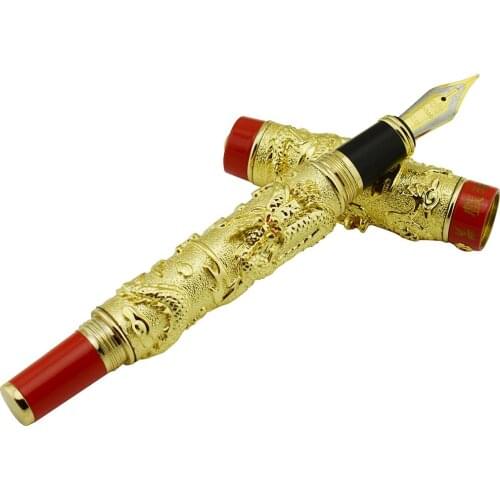 Jinhao Vintage Luxurious Fountain Pen Double Dragon Playing Pearl, Metal Carving Embossing Heavy Pen Golden & Red for Collection