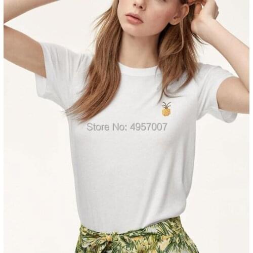Cotton 100% White Pineapple Embroideried Tees Top - 2019ss O Neck Short Sleeve Ladies T Shirt