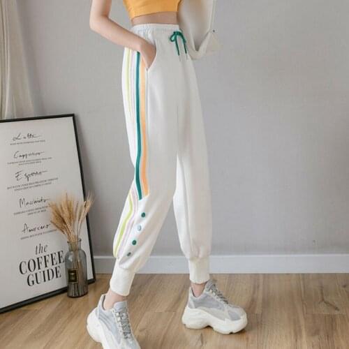 Women New Fashion Korean Style Side Stripe Pants 2021 Casual Loose High Waist Jogging Pants Plus Size Drawstring Trousers Pop