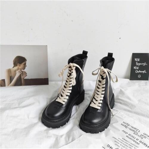 Women Motorcycle Boots Wedges Flat Shoes Woman High Heel Platform PU Leather Boots Lace Up Women Shoes Black Boots Girls