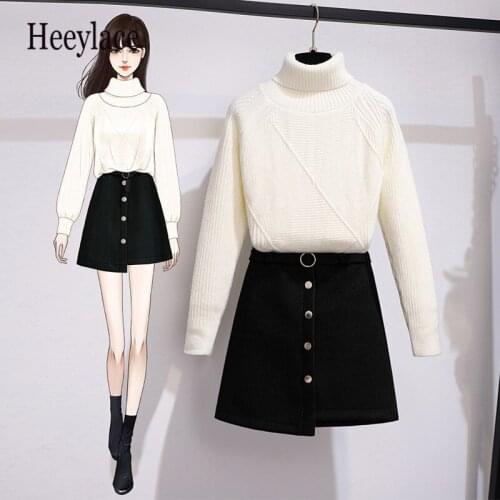 Women Autumn Winter Warm Suits Turtleneck Knitted Pullover sweater + Black tweed shorts skirts Two Pieces Sets female Outfits