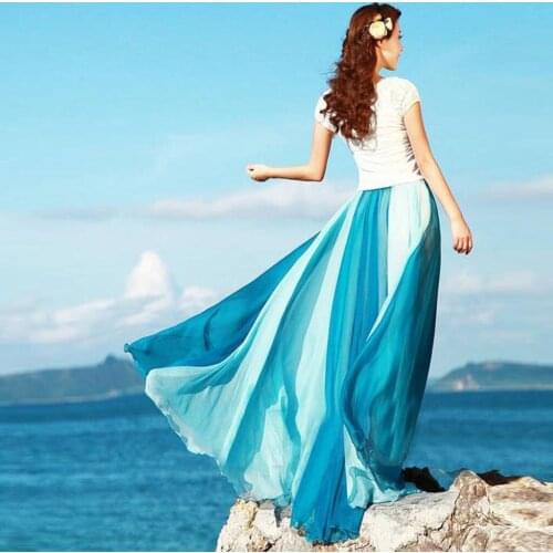 Spring Summer Women Chiffon Skirts Vintage High Waist Elastic Chic Long A-line Bohemian Skirt For Women Юбки Для Женщин #GH