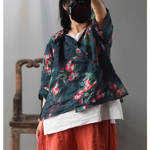 Johnature Women Vintage Ramie Summer Blouses 2021 New Chinese Style Shirts Tops V-Neck Half Sleeve Print Floral Female Shirts