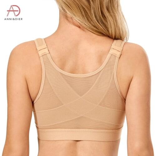 Womens Full Coverage Front Closure Bra X-shape Back Non Padded Wireless Posture T-shirt Contour