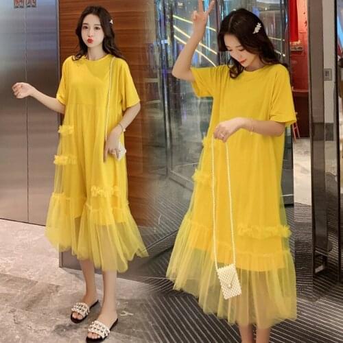 2019 New Maternity Dress Summer Dress Yellow Mesh Pregnant Women Dress Korean Fashion Lace Stitching Pregnancy Skirt