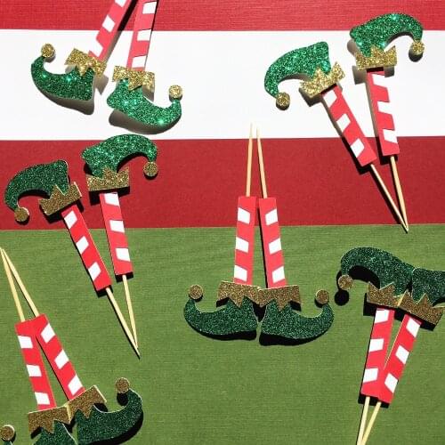 10pcs Elf Cupcake Toppers | Elf Feet | Christmas Dessert Topper | Glitter Holiday Picks | Winter Elves Party Decoration | Donut