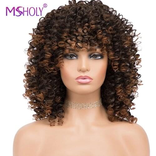 Afro Kinky Curly Wig For Black Women Short Synthetic Wigs With Bangs Brown Honey Blonde Afro High Temperature Hair Wig Msholy