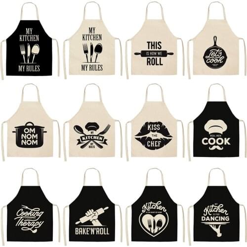 Black and White Geometric Letter Kitchen Aprons Cotton Linen Unisex Home Cooking Baking Shop Cleaning Bibs Size S L