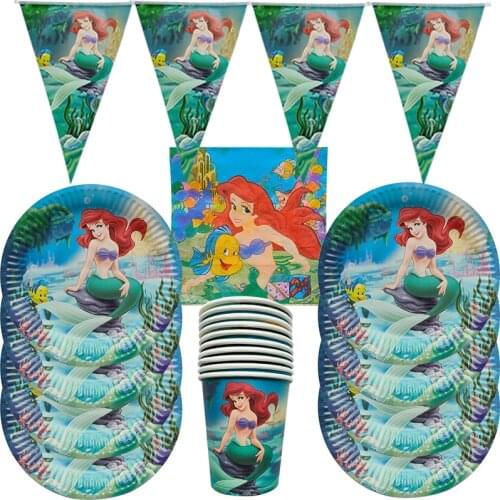 Disney Mermaid Princess Girl Party Disposable Tableware Cup Plate baby Shower Party Decorations Birthday Party Supplies Set