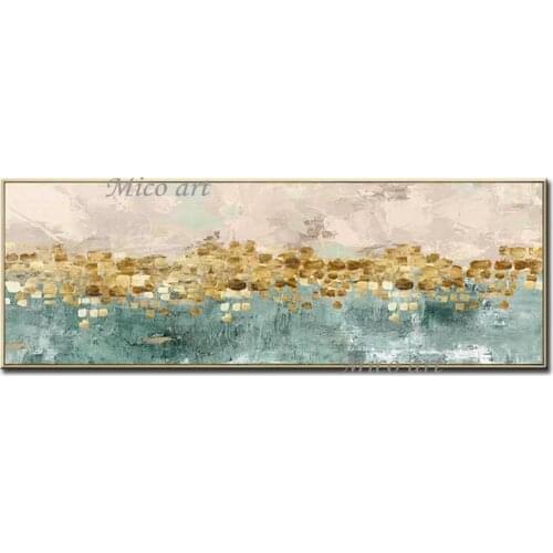 Long 100% abstract oil painting and modern golden green handmade canvas landscape pictures for living room bedroom decoration