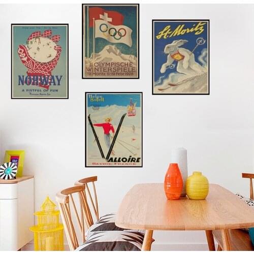Skiing Travel Les Alpes Ski Propaganda Retro Vintage Canada Kraft Poster Decorative DIY Wall Sticker Home Bar Posters Decoration