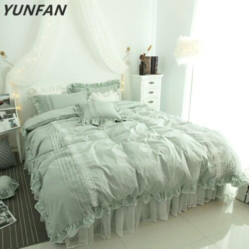 Pure cotton lace Bedding Set green Duvet Cover Set Bed Linen Tassels Luxury princess bed skirt sets twin queen king bedclothes