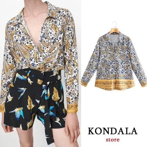 KONDALA Za 2021 Vintage Chic Floral Print Oversized Long Shirts Women V Neck Long Sleeve Boho Blouses Elegant Mujer Vestidos
