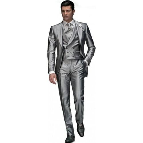 Fashionable Shiny Silver Groom Tuxedos Mens Wedding Prom Party Business Suits Blazer Sets (Jacket+Pants+Vest+Tie) K:767