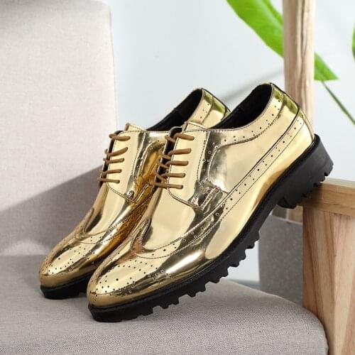 Mens Casual Leather Shoes Superstar Broch Formal Wear Cowhide Oxford Shoes Golden Lace Hombres Silver Shoes Large Size 47