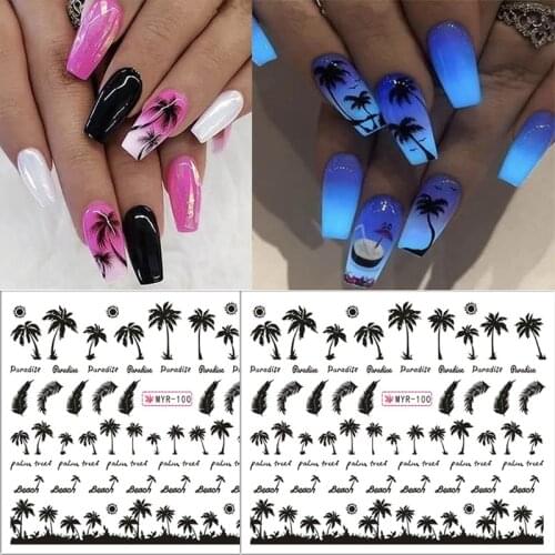 Black Palm Tree Design Nail Stickers Summer Ocean Palm Series Water Transfer Stickers For Nails Decor Manicure Nail Decoration