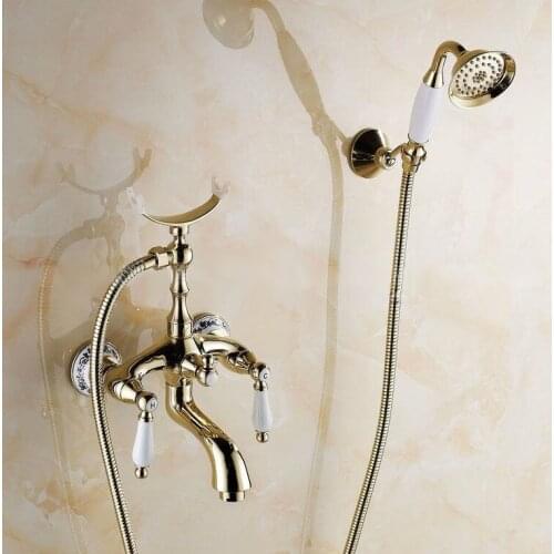 Wall Mount Golden Color Brass Bathroom Tub Faucet Set with 150CM Handheld Shower Spray Head Mixer Tap 2tf415