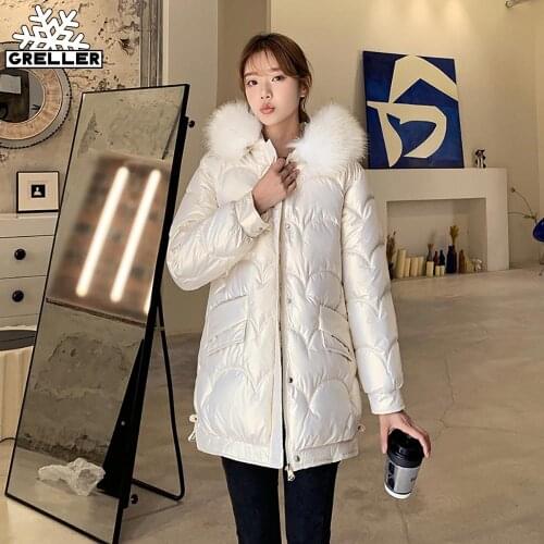GRELLER 2021 New Winter Womens Coat Fur Hooded Female Glossy Warm Cotton Padded Jacket Winter Parkas Long Women Clothing Mujer