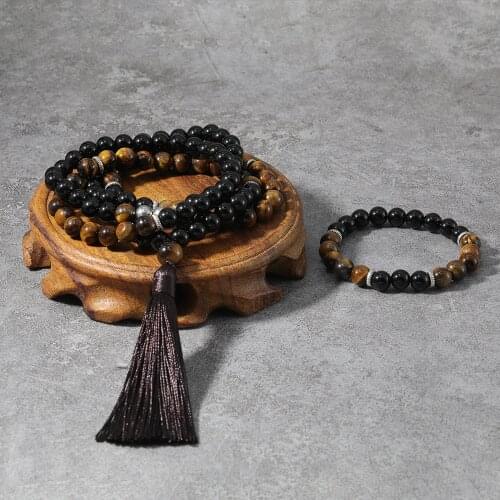 8mm Tigers Eye Black Onyx Japamala Necklace Namaste Meditation Yoga Jewelry Buddhist Prayer Rosary 108 Mala Beads