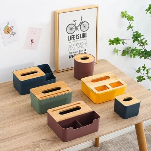 Plastic Tissue Box Bamboo Cover Napkin Paper Dispenser Organizer Cosmetic Storage Remote Control Container for Office Home