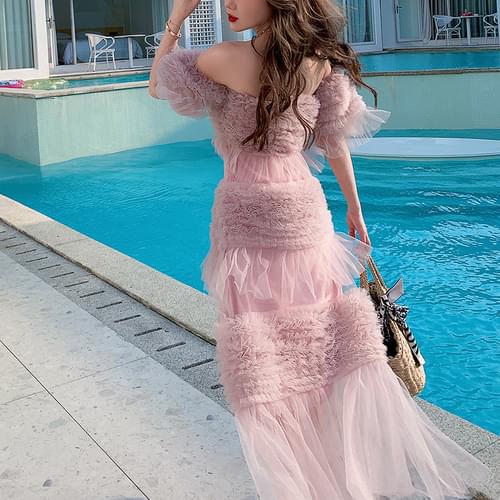 Boho Sexy Dress Woman Pink Mesh Strapless 2021 Summer Beach Sexy Dress Bodycon Female Evening Design Party Dresses Lady