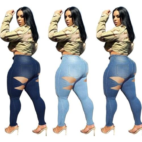 Sexy Hollow Out Distressed Jeans Women Fashion Slim High Waist Ripped Jeans Woman Vintage Skinny Denim Pencil Pants Big Size 5XL
