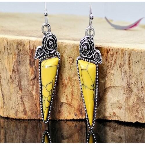 Boho Ethnic Yellow Turquoises Stone Earrings Vintage Jewelry Thai Silver Color Leaf Flower Triangle Dangle Earrings