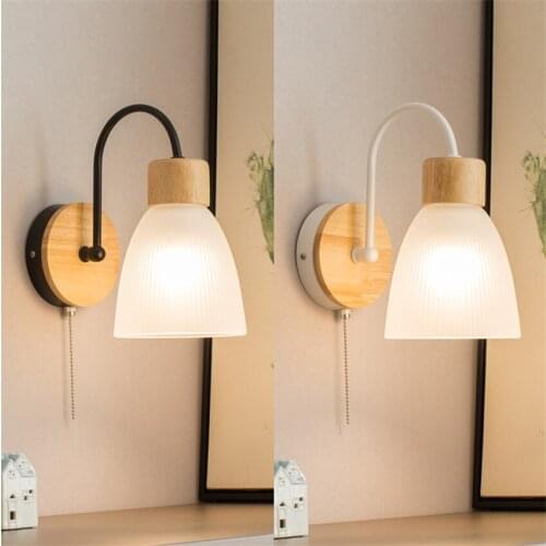 Nordic curved glass wood wall lamps bedroom living room cable switch childrens room reading bedside sconces lights lighting