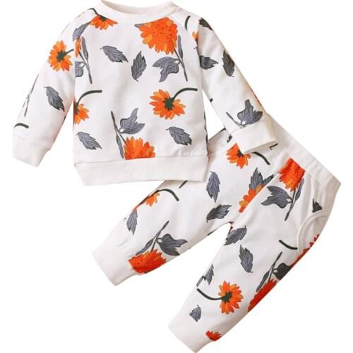 2021 0-18M Newborn Baby Girl Boy Clothing Tracksuit Sunflower Print Long Sleeve O Neck Pullover+Trousers with Pockets Fall 2pcs