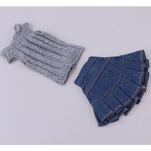 Stylish 2pcs Clothes Suit for 1/6 Blythe Licca OB Girl My Life Dolls Knit Sweater Denim Skirt Gray&Blue