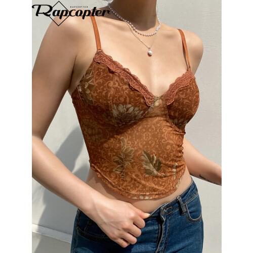 Rapcopter Floral Camis y2k Brown Crop Top Lace Frill Cute Corset Top Spaghetti Strap Sweats Harajuku Tee Top Women Beach Vests